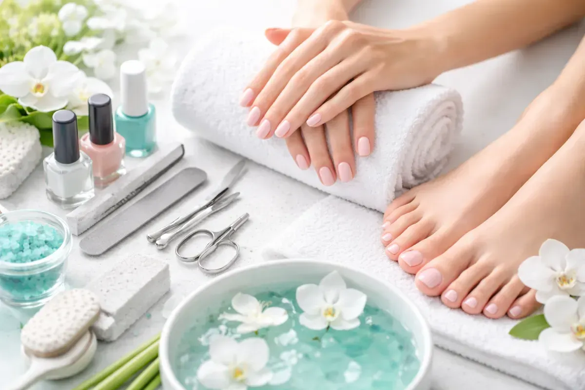 Un ambiente de spa con manos y pies apoyados sobre toallas, rodeado de herramientas para uñas, esmaltes y un cuenco de agua