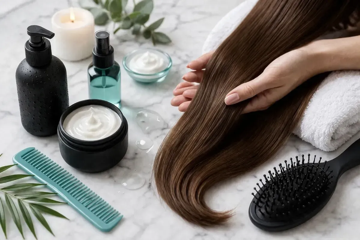 Una mano sostiene una larga cabellera castaña junto a productos para el cuidado del cabello, una toalla blanca, un peine