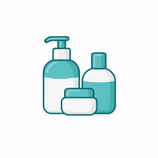 Ilustración plana de un conjunto de productos para el cuidado de la piel en color turquesa y blanco