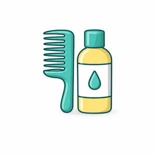 Un peine de plástico turquesa colocado junto a una botella de líquido amarillo con un icono de una gota de agua azul