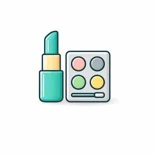 Un pintalabios verde menta junto a una paleta de sombras de ojos gris claro con cuatro tonos de color y un pequeño aplicador.