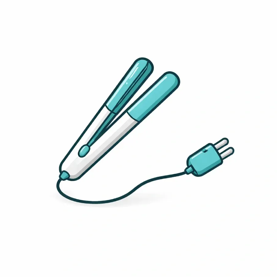 Una plancha de pelo de color verde azulado y blanco con su cable de alimentación y enchufe sobre un fondo blanco liso.