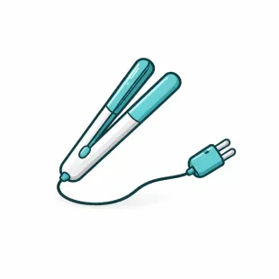 Una plancha de pelo de color verde azulado y blanco con su cable de alimentación y enchufe sobre un fondo blanco liso.