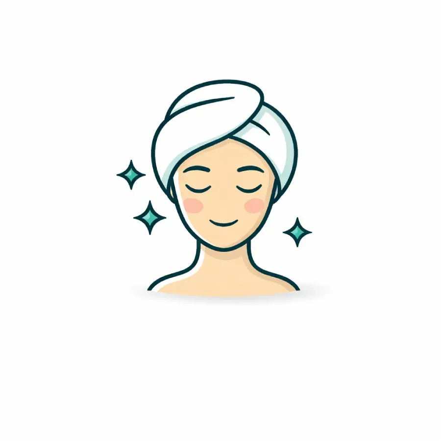 Una persona con expresión serena, que lleva una toalla blanca en el pelo, rodeada de tres pequeñas estrellas brillantes.