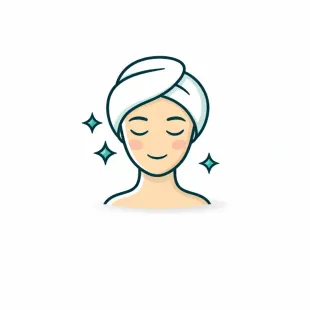 Una persona con expresión serena, que lleva una toalla blanca en el pelo, rodeada de tres pequeñas estrellas brillantes.