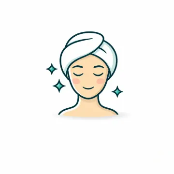 Una persona con expresión serena, que lleva una toalla blanca en el pelo, rodeada de tres pequeñas estrellas brillantes.