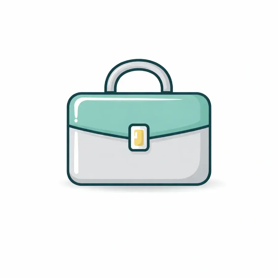 Un icono de un maletín de color verde claro y gris con un cierre amarillo, con un diseño sencillo y plano.