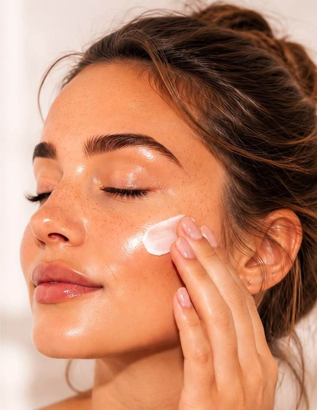 Mujer aplicándose crema blanca en la mejilla favoreciendo el cuidado facial.