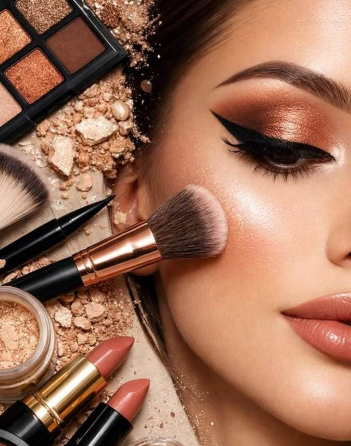 Herramientas de maquillaje y productos como coloretes, high lighter o somrba de ojos