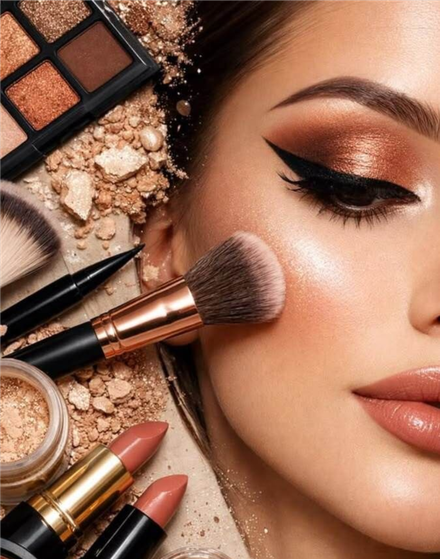 Herramientas de maquillaje y productos como coloretes, high lighter o somrba de ojos