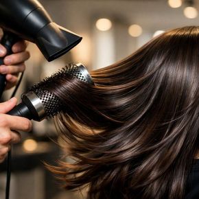 Una plancha de pelo de color verde azulado y blanco con su cable de alimentación y enchufe sobre un fondo blanco liso.