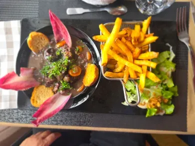 Repas gastronomique servi à l'assiette, composé d'un ragoût foncé, de frites et de salade, sur un plateau à la table d'un restaurant.
