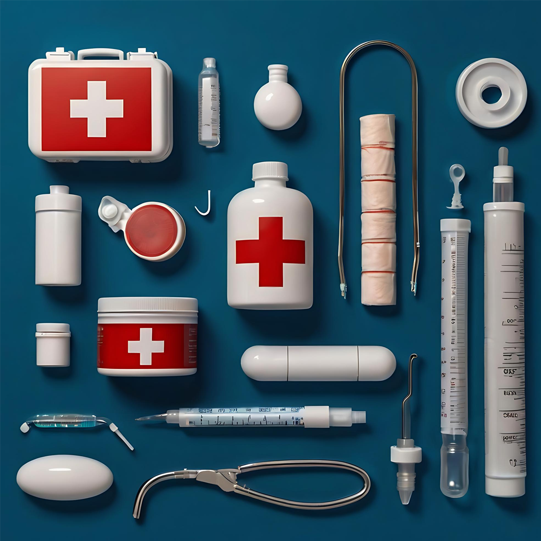 Vista dall'alto di forniture mediche, tra cui un kit di pronto soccorso, flaconi, strumenti e medicinali, disposti su una superficie blu.