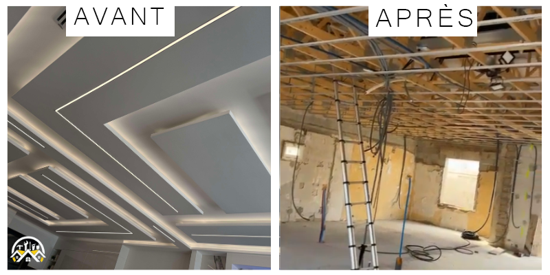 Écran partagé de la rénovation du plafond : finition grise avant travaux, charpente apparente et échelle après travaux