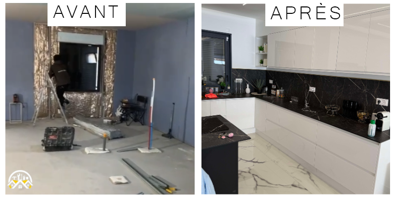 Avant et après la rénovation de la cuisine : pièce inachevée à gauche, cuisine blanche et élégante à droite.