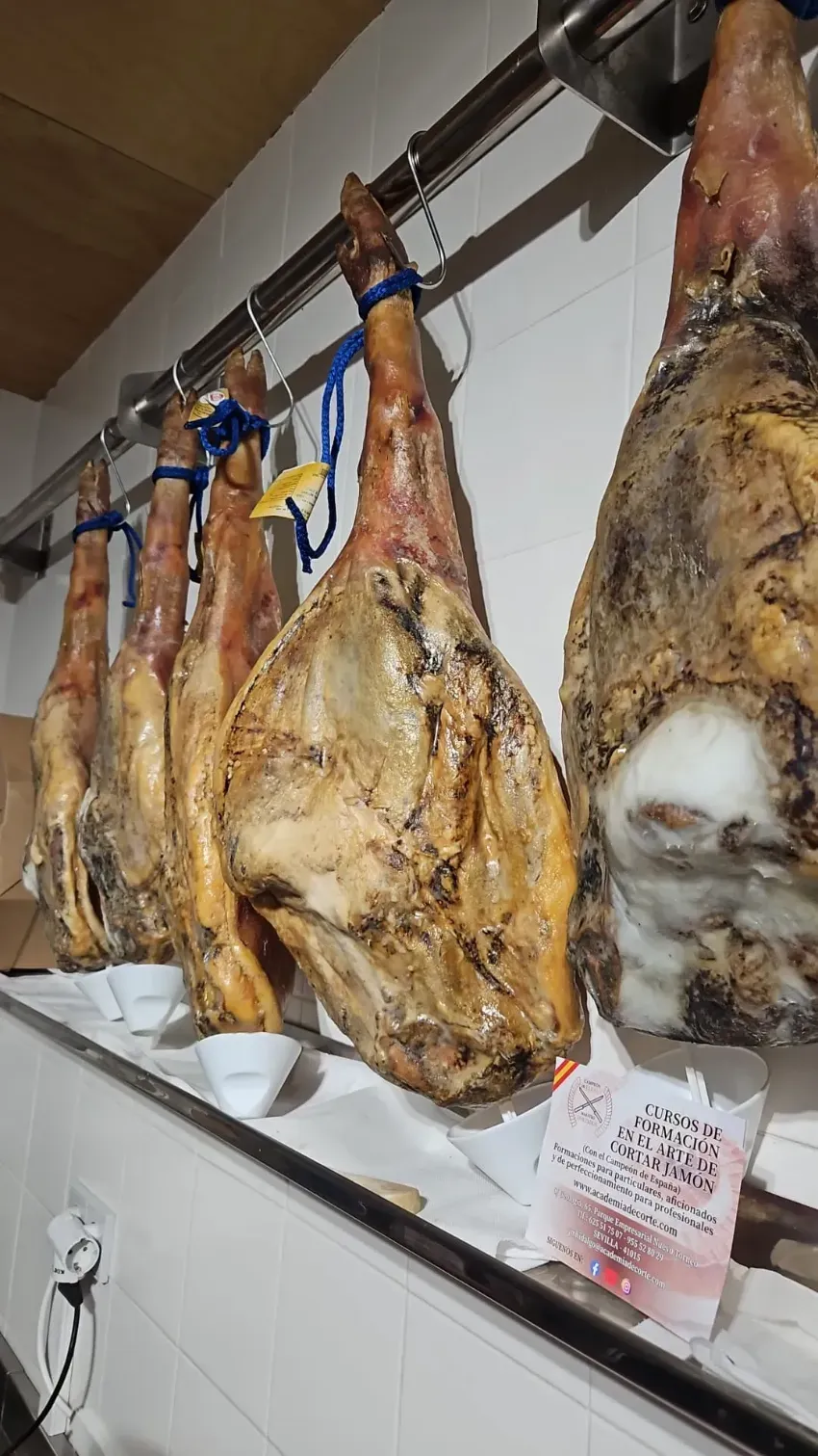 Varios jamones curados colgados en el escaparate de una tienda, con etiquetas blancas debajo.
