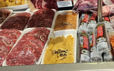 Surtido de carnes y quesos envasados expuestos en una vitrina de charcutería con etiquetas de precio.