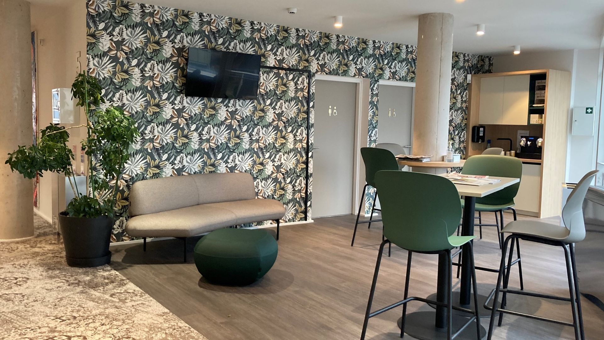 Espace d'attente avec mobilier et plante verte