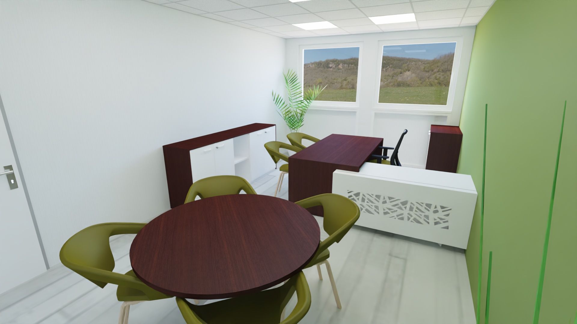 Bureau avec table ronde et bureau et des murs vert clair