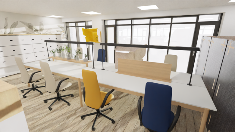 Espace de travail avec baie vitrée qui donne sur un chemin