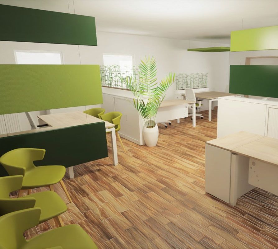 Salle avec panneaux acoustiques et jardinière en arrière-plan