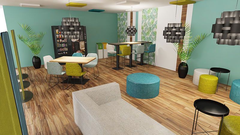 Coin détente cosy avec tables, banquettes et fauteuils