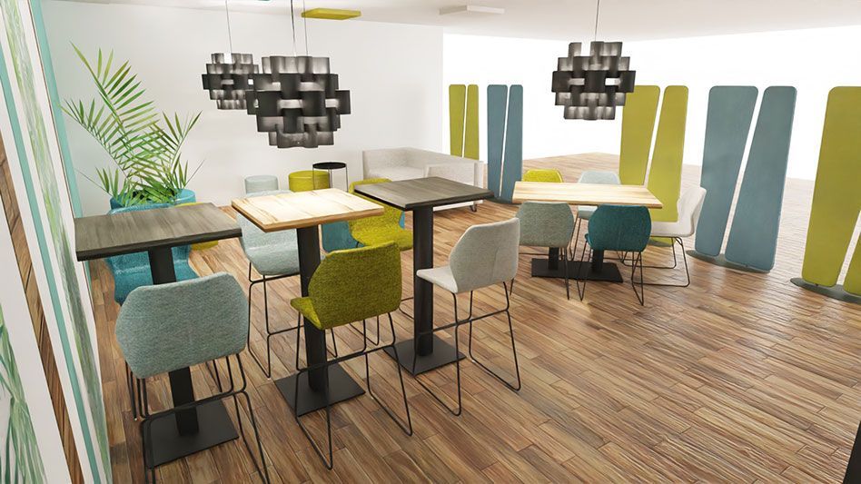 Mange-debout et tables basses dans un espace coloré