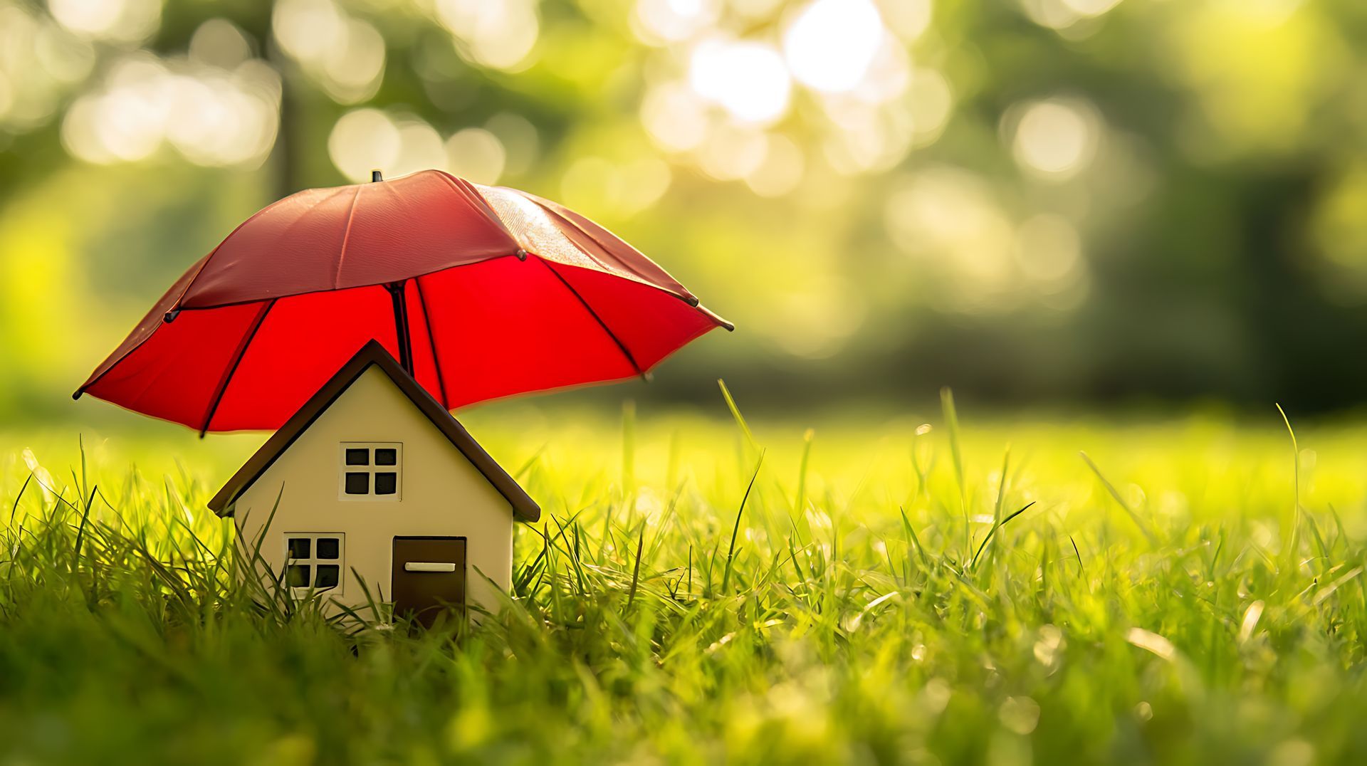 Maison couverte d'un parapluie rouge dans l'herbe