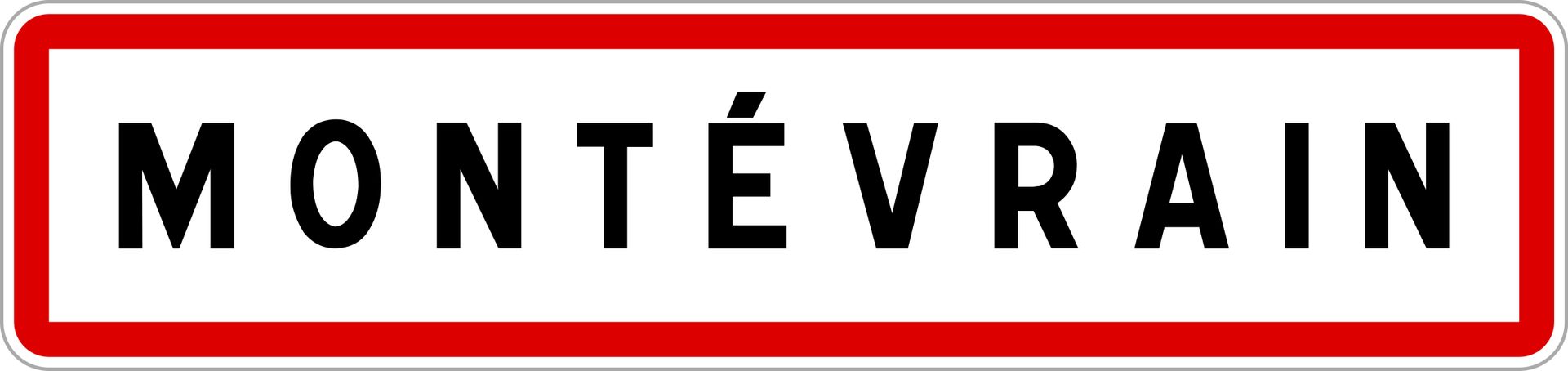 Panneau de la ville de Montévrain en lettres noires sur fond blanc avec bordure rouge.