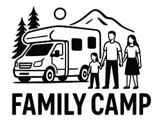 Logotipo de estilo lineal con una caravana, árboles y una montaña, con una familia de pie delante.