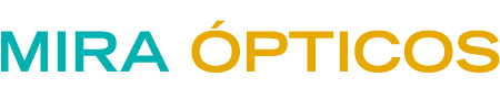Logo de "MIRA ÓPTICOS" en color verde azulado y dorado.