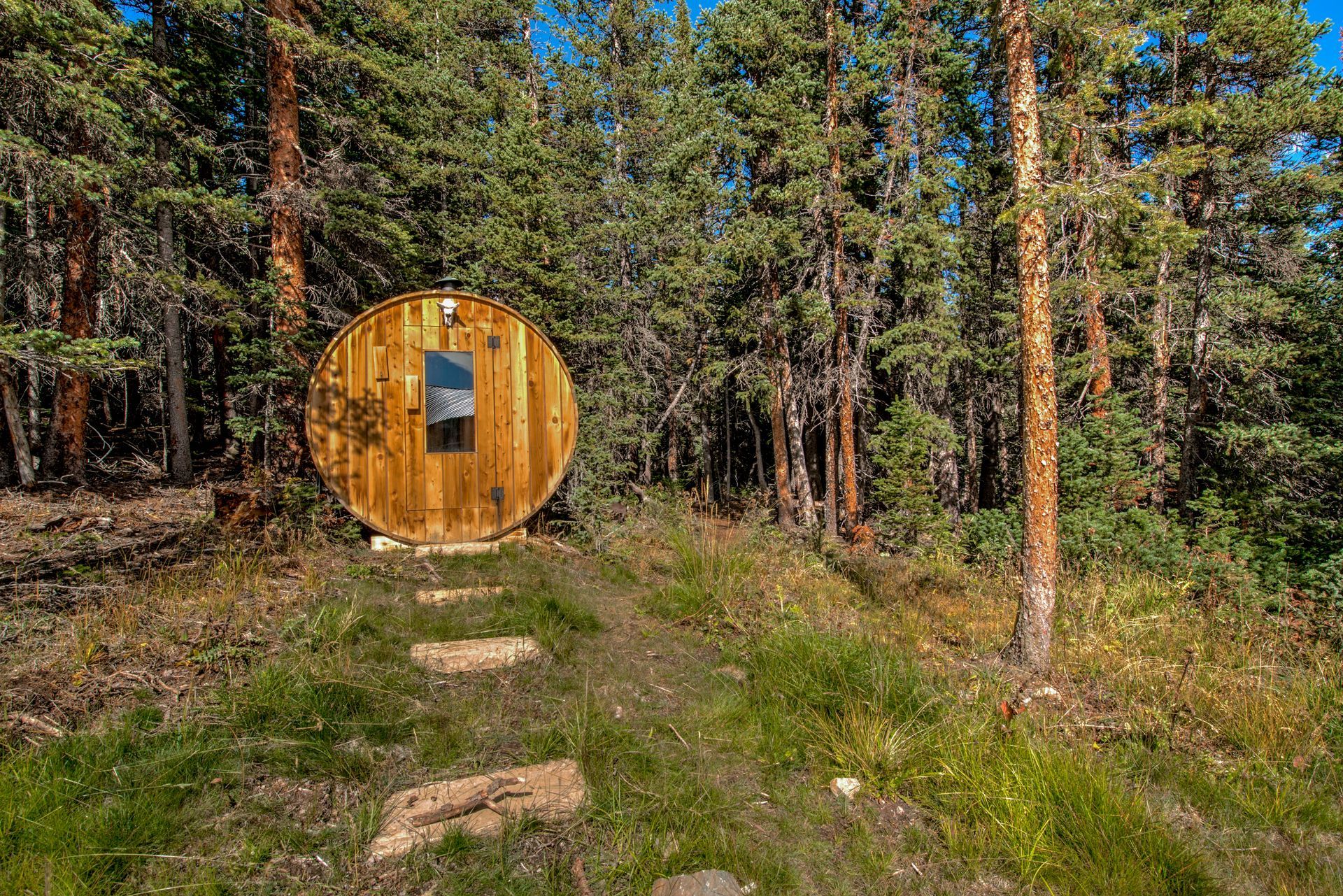 Wooden, circular structure with small window nestled in a forest; steps lead up to the door.