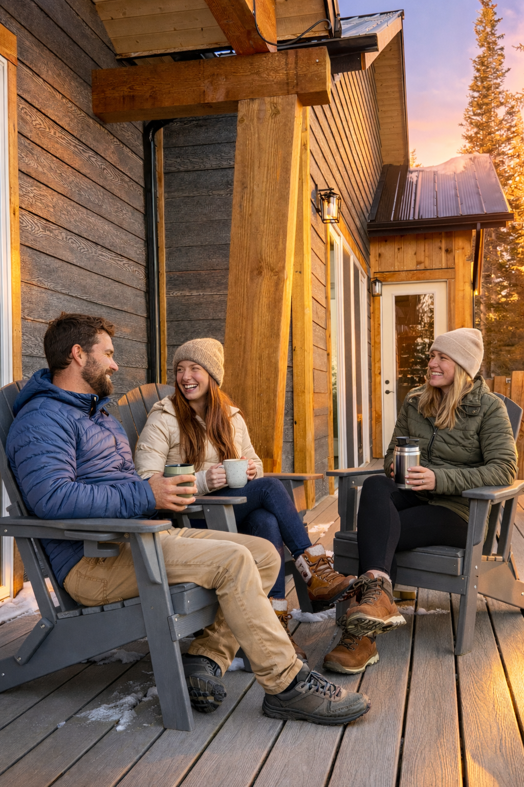 Three people smiling, sitting on a wooden deck, holding drinks. Cabin exterior. Sunset.