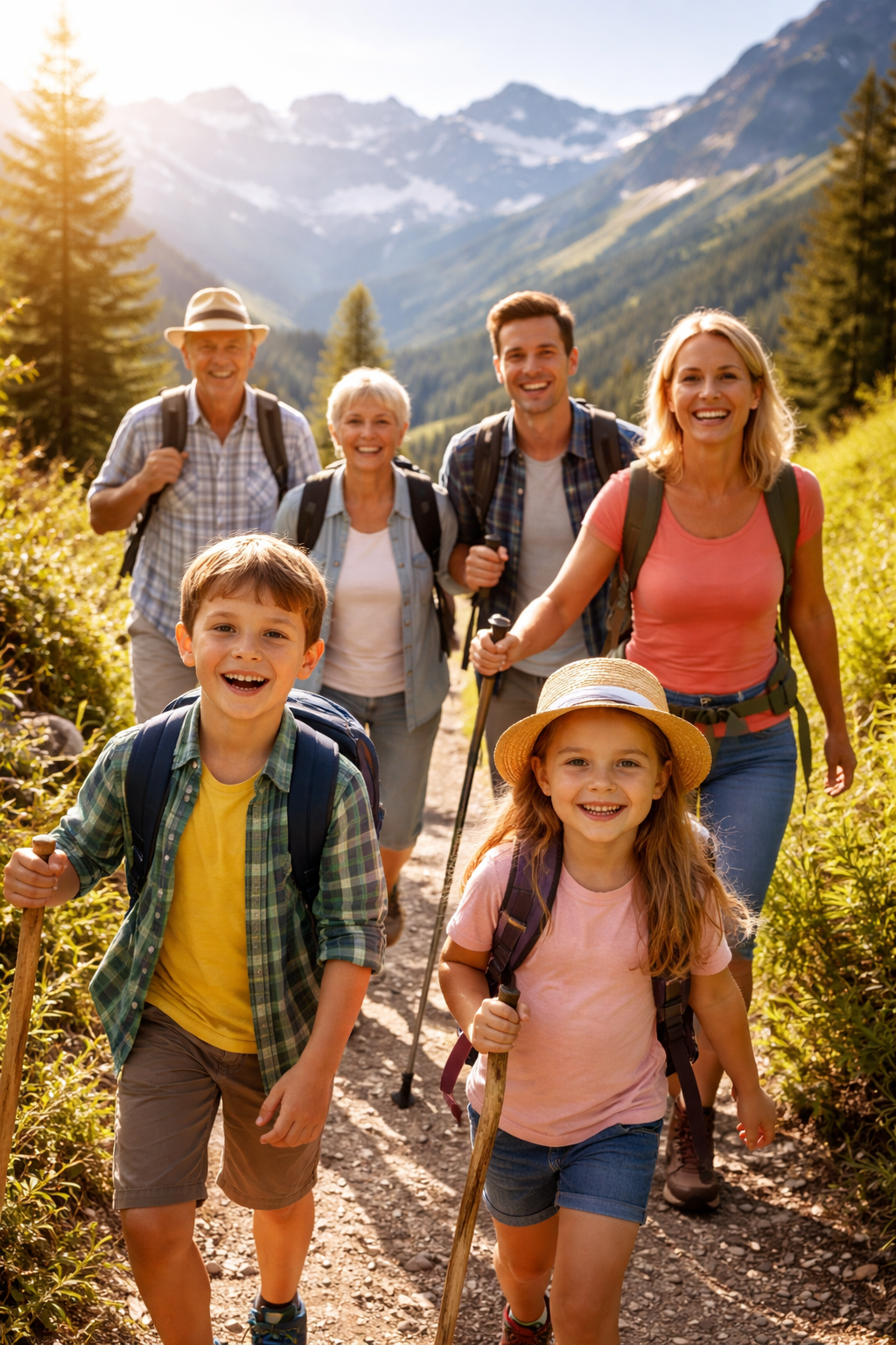 Family hiking on a mountain trail, smiling at the camera. Sunny day, green landscape, hiking gear.