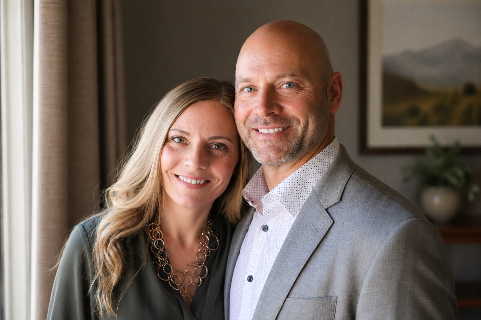 Two people smiling in a softly lit room, with a curtain and framed wall art in the background.