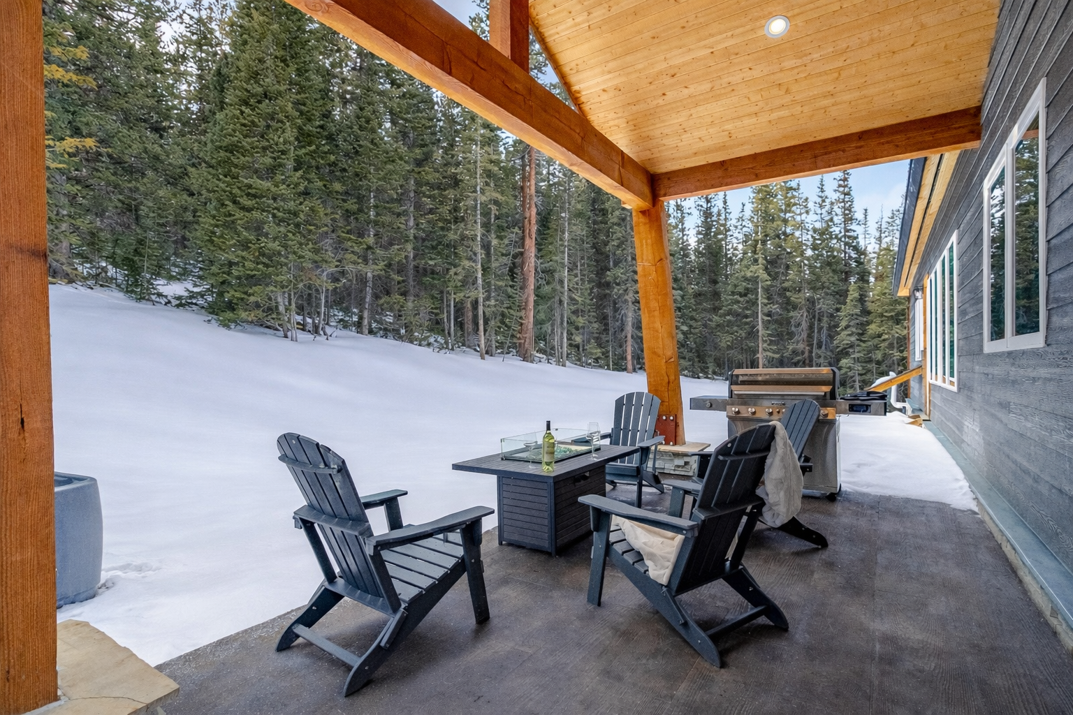 Covered patio with black chairs and grill overlooking a snowy pine forest