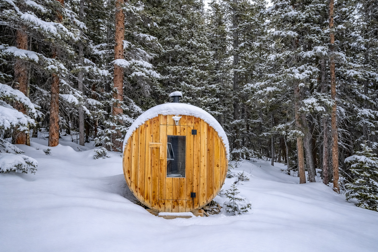A wooden, barrel-shaped sauna sits in a snowy, evergreen forest.