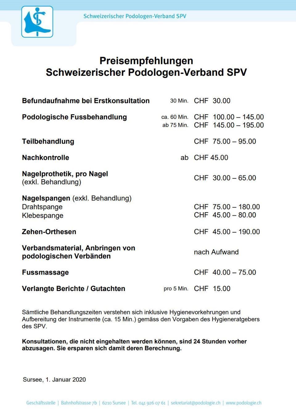 Preisempfehlungen Schweizerischer Podologen-Verband SPV