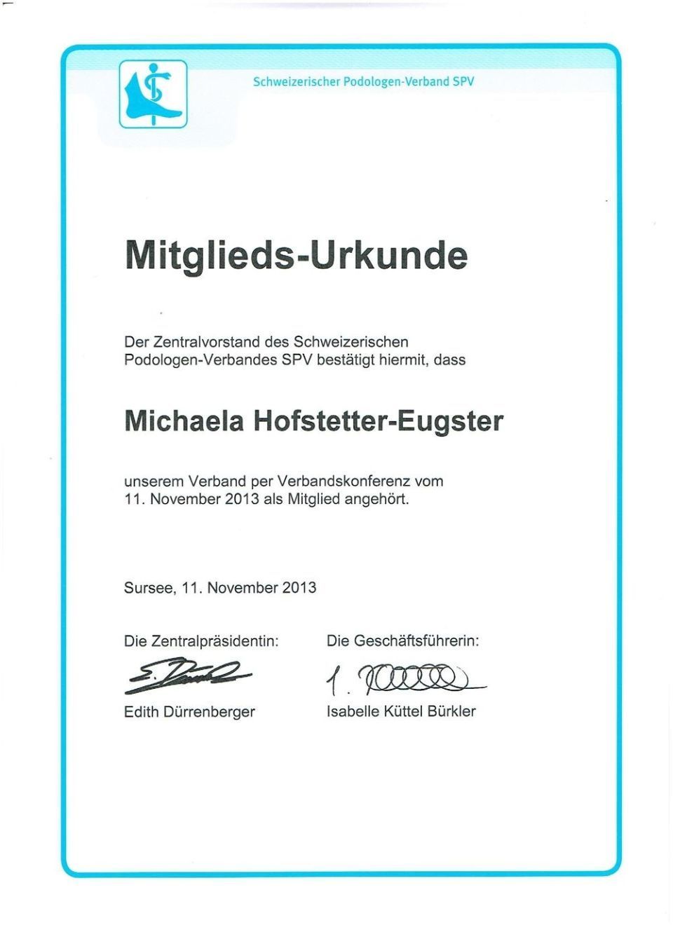 Mitglieds-Urkunde Schweizerischer Podologen-Verband SPV
