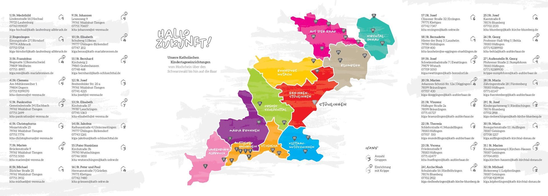 Übersicht der Standorte der Katholischen Kindertageseinrichtungen vom Hochrhein über den Schwarzwald bis hin auf die Baar