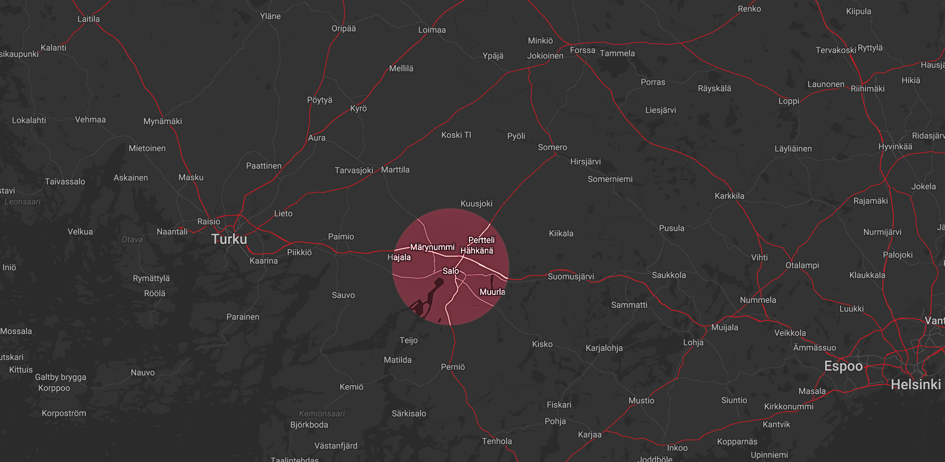 Poltinhuolto Ahosen palvelualueen kartta, Salo ja lähikunnat.