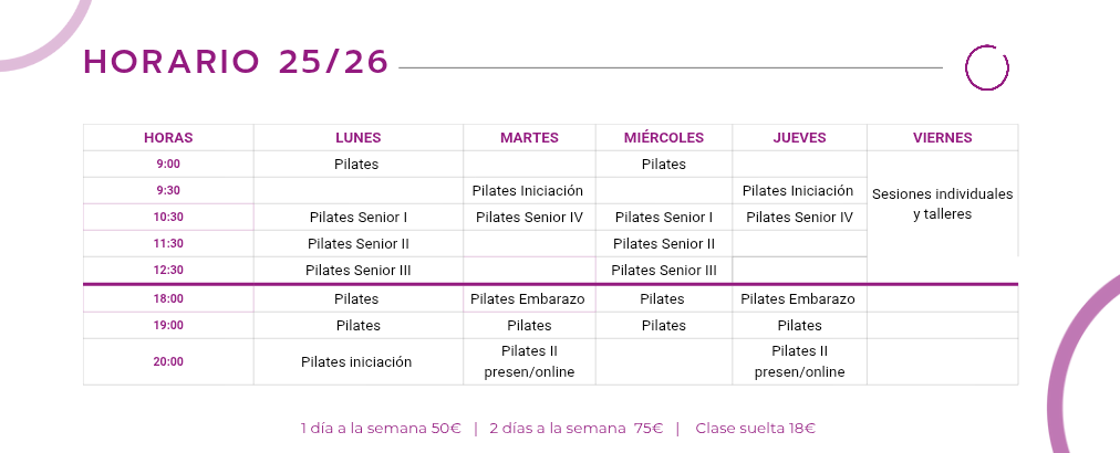 Horario semanal con horarios y actividades: Pilates, Yoga y otras clases.