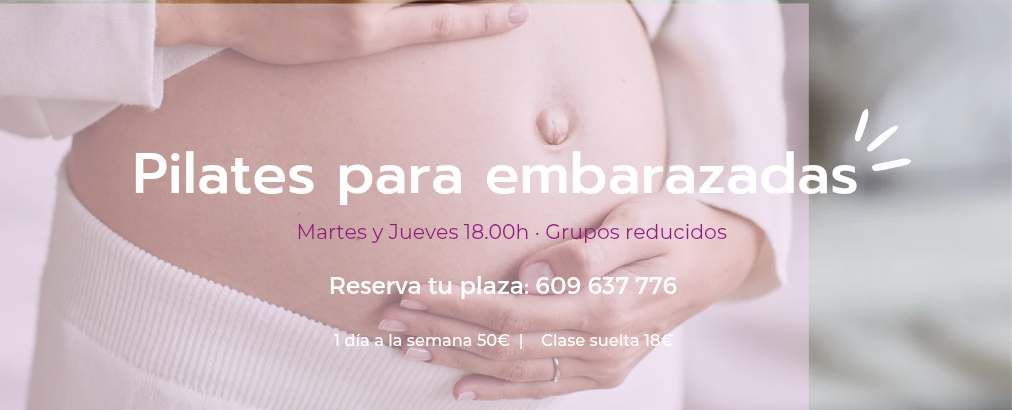 Vientre de mujer embarazada con manos, texto "Pilates para embarazadas", hora, número de teléfono.