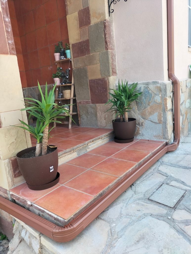 Dos macetas con plantas reposan sobre los escalones de baldosas de la entrada de una casa con paredes revestidas de piedra.