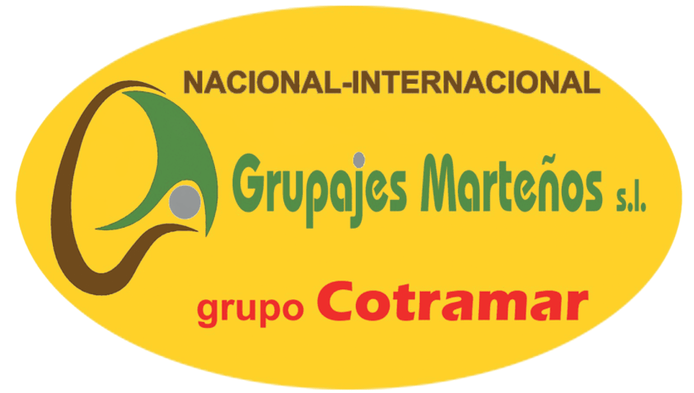 Logotipo para Grupajes Marte&ntilde;os, con un icono estilizado, texto y el nombre del grupo Cotramar sobre un fondo ovalado amarillo.