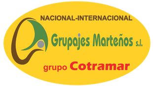 Logotipo para Grupajes Marte&ntilde;os, con un icono estilizado, texto y el nombre del grupo Cotramar sobre un fondo ovalado amarillo.