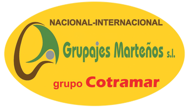 Logotipo para Grupajes Marte&ntilde;os, con un icono estilizado, texto y el nombre del grupo Cotramar sobre un fondo ovalado amarillo.
