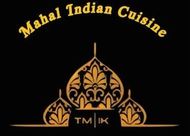 Logotipo para Mahal Indian Cuisine: texto dorado y dise&ntilde;o ornamentado sobre fondo negro.