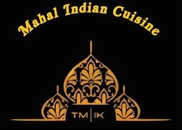 Logotipo para Mahal Indian Cuisine: texto dorado y diseño ornamentado sobre fondo negro.