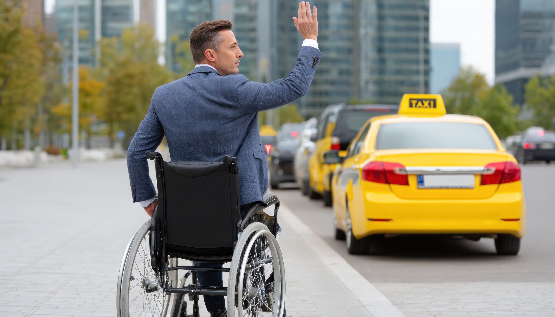 Un homme en fauteuil roulant hèle un taxi dans une rue de la ville.